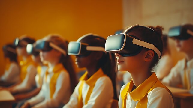 students using virtual reality headsets in classroom representing multicultural education technology digital learning interactive study future classroom and student engagement concept