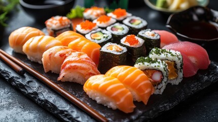 colorful and appetizing sushi platter including nigiri and maki rolls with soy sauce and chopsticks japanese cuisine dining culture or seafood presentations in an elegant setup