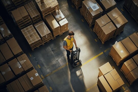 Young worker warehouse box architecture.