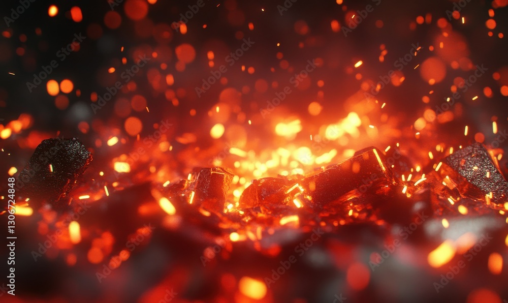 Poster bold macro shot of glowing embers in shades of orange and red, illuminated by soft light creating a 