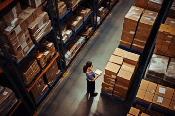 Young female worker warehouse box architecture.
