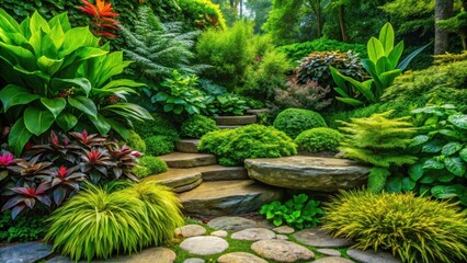 A serene corner in a lush garden with vibrant green leaves and stems of various plants growing from the stone edges, plant life, verdant space