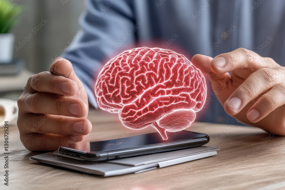Poster human hands using smartphone with 3d brain visualization technology concept
