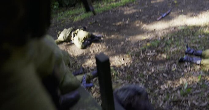 Spy using human shield then running and dodging bullets from soldier on platform - high shot