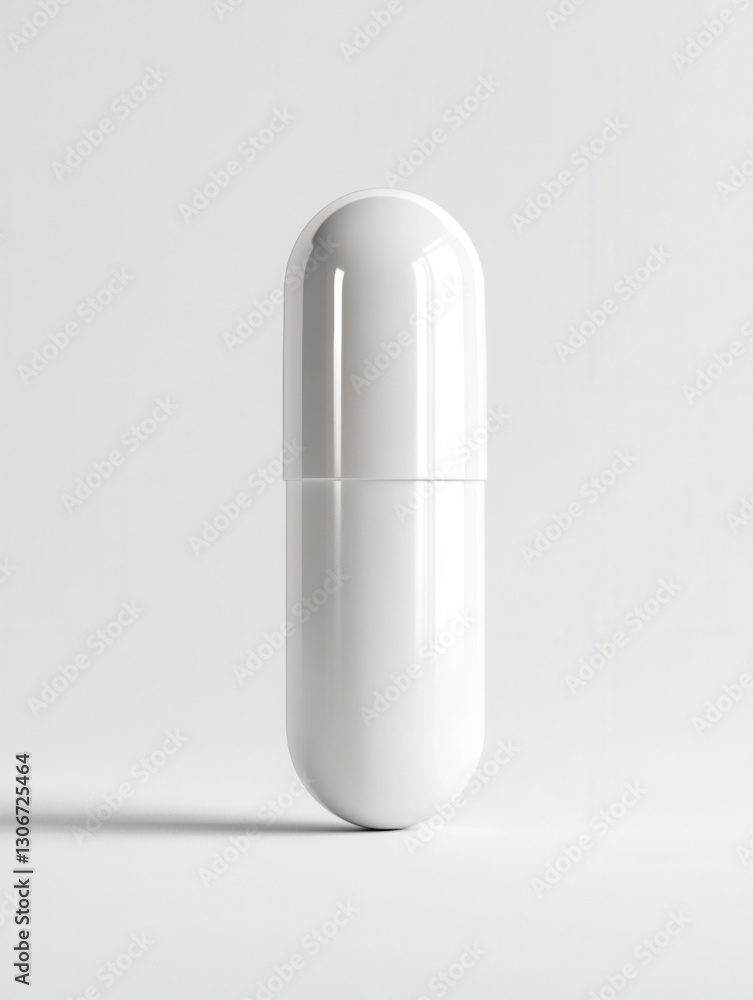 Poster minimalist capsule on a white background showcasing hyper realistic details and soft shadows using t
