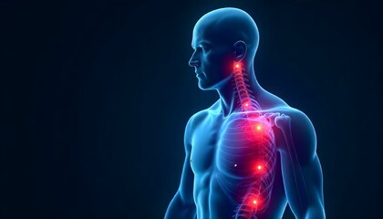 Anatomical illustration of a human body with highlighted pain points, digital art, blue and red color scheme