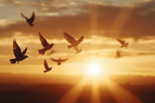 Silhouetted birds gracefully flying towards a glowing sunset, capturing the essence of freedom and the beauty of nature in motion, evoking deep emotions of longing and peace.