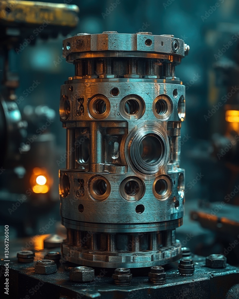 Poster close-up of intricate metallic industrial component, showcasing complex engineering and manufacturin