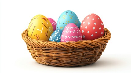 colorful easter eggs with wicker basket isolated,cartoon illustration style