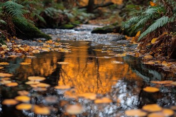 Fototapeta premium vibrant autumn forest, showcasing a clear stream reflecting orange and gold hues of the foliage