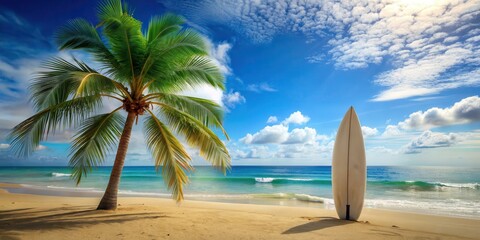 A surfboard resting against a palm tree on a sandy beach with a clear blue sky and white fluffy clouds , palm tree, clear blue sky