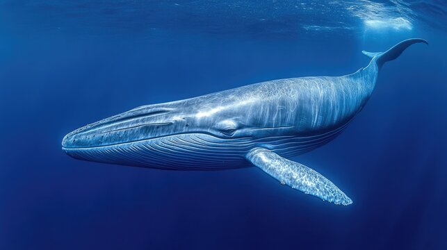 A giant blue whale gliding through the ocean depths, its immense body dwarfing the surrounding waters.