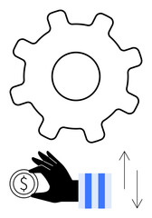 Gear for process, hand holding coin for finance, upward and downward arrows for fluctuation. Ideal for business, finance, strategy, process management, analysis marketing planning. Flat simple