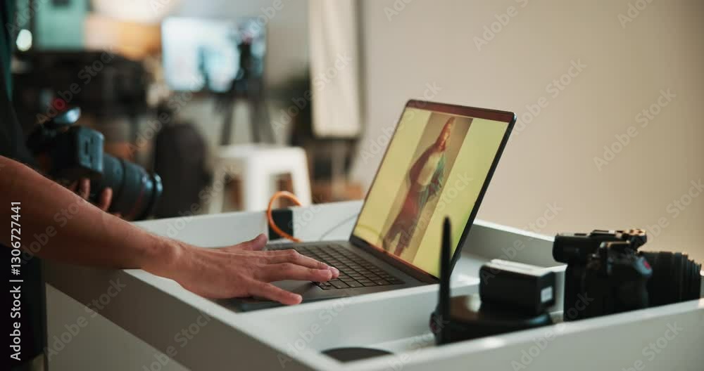 Poster Hands, laptop screen and photographer with model in studio for photo shoot or production. Behind the scenes, computer or display with editor in photography session for magazine or multimedia