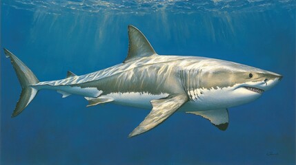 Fototapeta premium A great white shark swimming through the deep blue ocean, sunlight filtering from above.