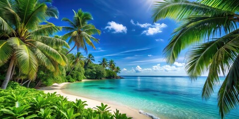 Serene beach with dense foliage of palm trees and lush greenery, set against a bright blue ocean backdrop, calm sea