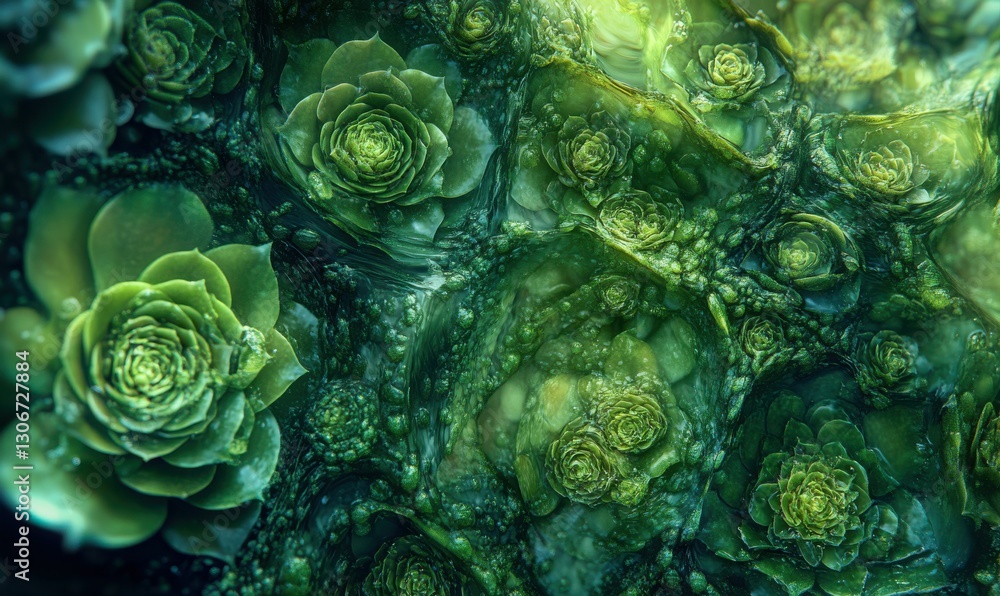 Poster bright macro shot of succulents glowing under soft natural light emphasizing intricate patterns and 