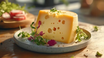 Sunlit Swiss cheese slice, herbs, plate, kitchen