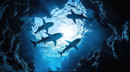 A group of sharks swimming through an underwater cave, the light creating silhouettes.