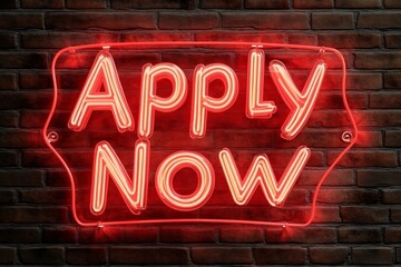Vibrant Neon Sign Displaying Apply Now Against Brick Wall Background