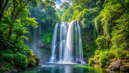 Naklejka premium Majestic waterfall cascading through dense foliage amidst towering trees and vibrant greenery, creating a serene atmosphere in a breathtaking natural setting, cascade, atmosphere