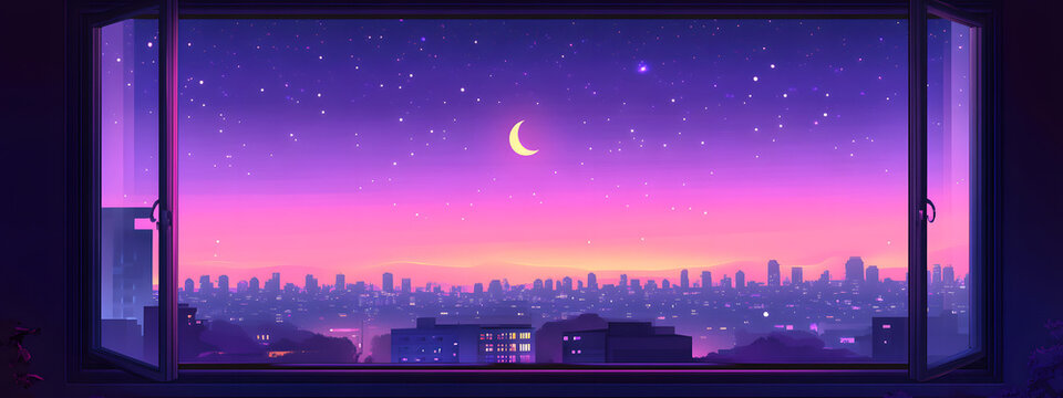 Minimalist lo-fi aesthetic anime window with city view at night
