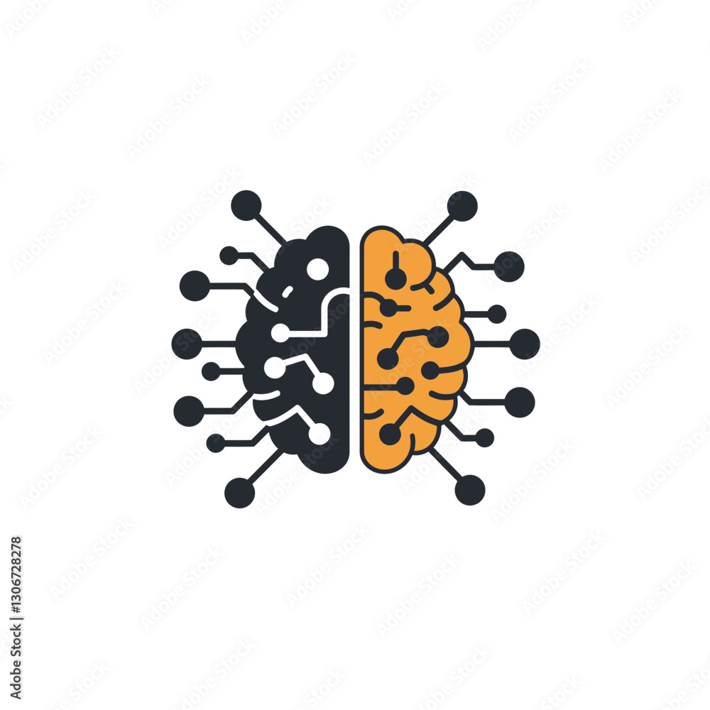 Poster ai brain circuitry: an artistic representation of a brain bisected, each side interwoven with circui