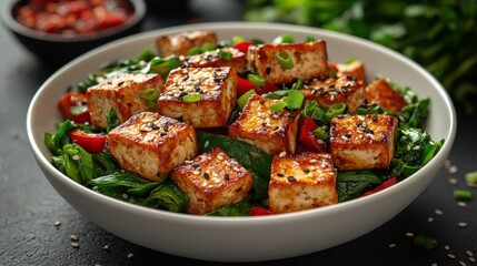 Fototapeta premium colorful tofu stir fry with fresh vegetables in a white bowl garnished with sesame seeds creating a healthy and vibrant meal