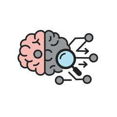  Brain Analysis: A stylized illustration depicting half a brain in a light color and the other half in a darker color, with a magnifying glass superimposed, hinting at analysis and research.