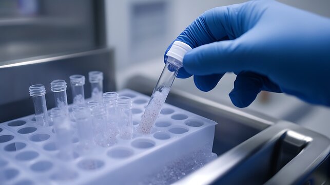 lab technician placing test tubes with embryos into cryogenic freezer showcasing embryo preservation ivf process and advanced reproductive technology concept