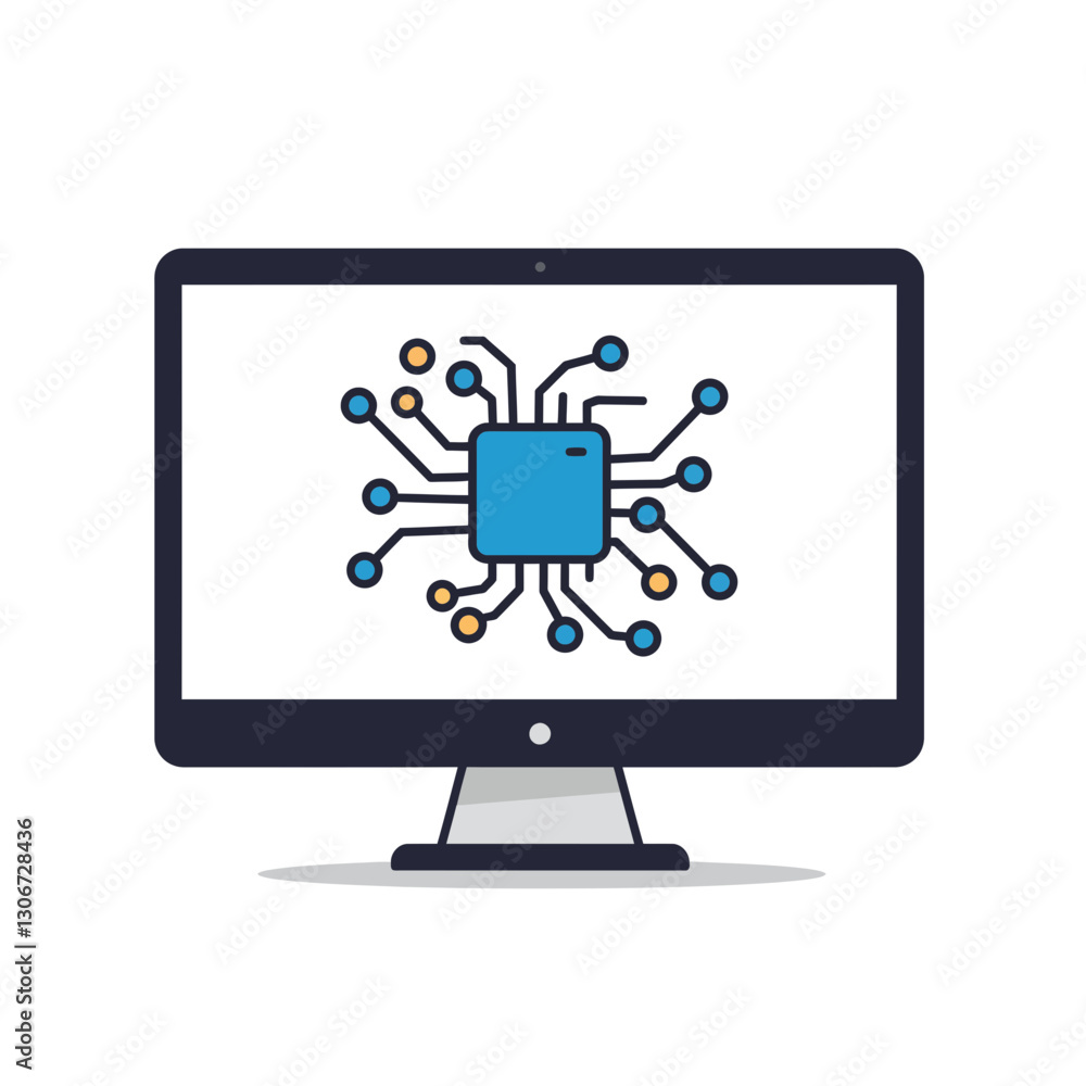 Poster digital core: this illustration showcases a sleek computer monitor displaying a stylized circuit boa