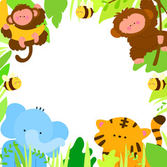 jungle animals frame with elephant, tiger, monkeys, and bee, wildlife border flat vector illustration