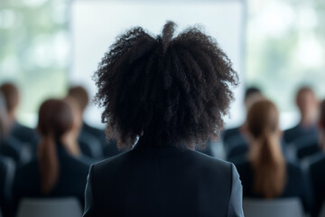 Back view of a woman with curly hair at a business conference