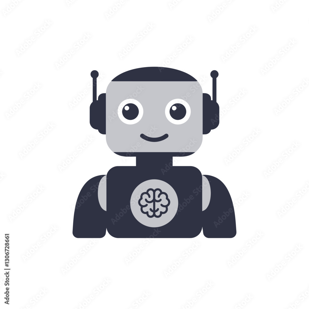 Poster smiling robot: friendly robot, futuristic ai technology concept, with brain icon representing innova