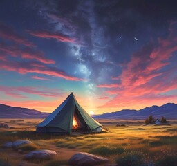 Illustration of camping with tant and wild landcape.