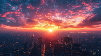 Fototapeta premium commercial airplane flying over city skyline at sunset with vibrant colors