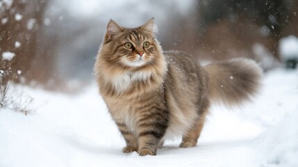 Fluffy cat walking through a snowy landscape, surrounded by falling snowflakes and muted trees