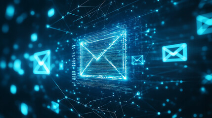 Abstract Digital Network with Glowing Blue Social Media and Email Icons on Dark Background