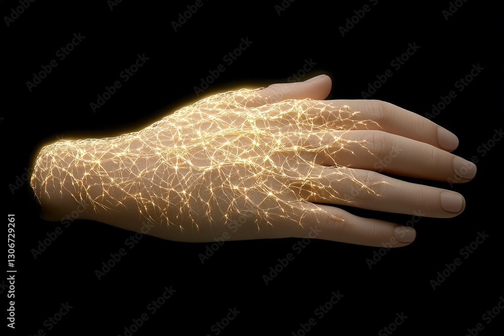Poster illuminated hand with glowing energy lines on a dark background for conceptual use