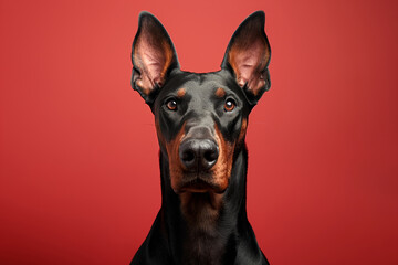 Doberman Pinscher dog on minimalistic colorful background with Copy Space. Perfect for banners, veterinary ads, pet food promotions, and minimalist designs.