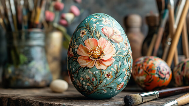 Beautifully decorated Easter egg on a wooden table, festive celebration