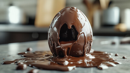 Chocolate Easter egg melting on a kitchen countertop, festive delight