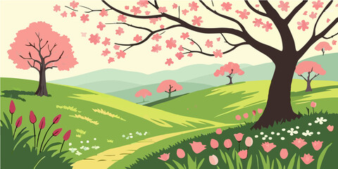 Fototapeta premium Hil scenery , beautiful flower trees and the sunrise vector art illustration