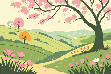 Hil scenery , beautiful flower trees and the sunrise vector art illustration