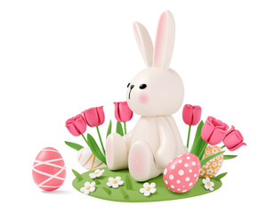 3D Easter bunny with decorated eggs, pink tulips, and daisies on green grass, isolated on white background. Festive holiday illustration for greeting cards, banners, spring decorations seasonal design