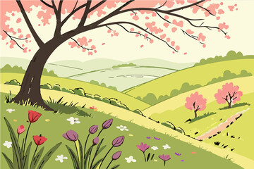 Hil scenery , beautiful flower trees and the sunrise vector art illustration