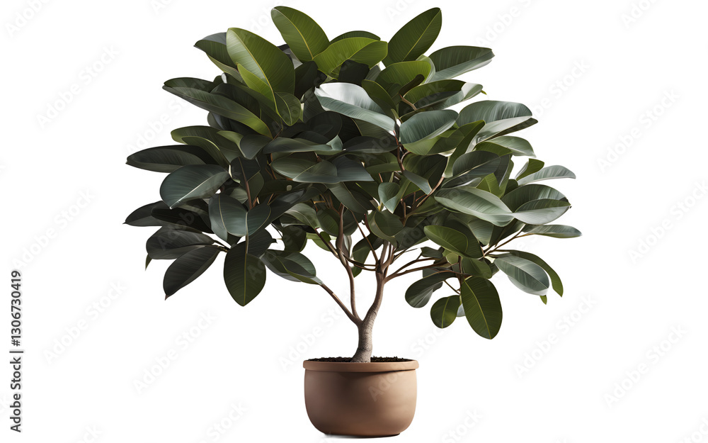 Poster a potted ficus plant with large, glossy leaves, isolated on a empty plain background
