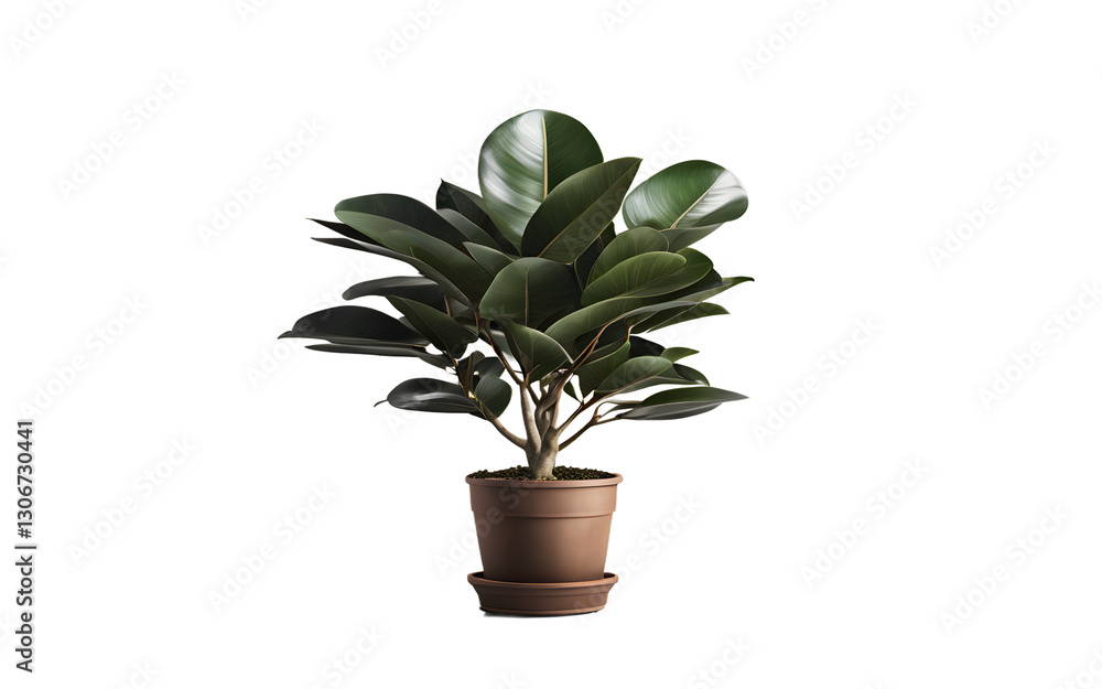 Poster a potted ficus plant with large, glossy leaves, isolated on a empty plain background