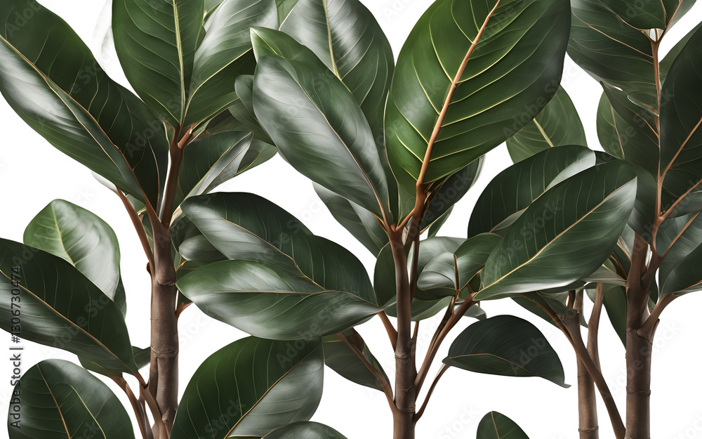 Poster a potted ficus plant with large, glossy leaves, isolated on a empty plain background
