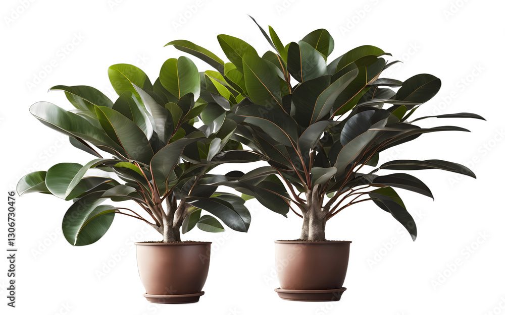 Poster a potted ficus plant with large, glossy leaves, isolated on a empty plain background